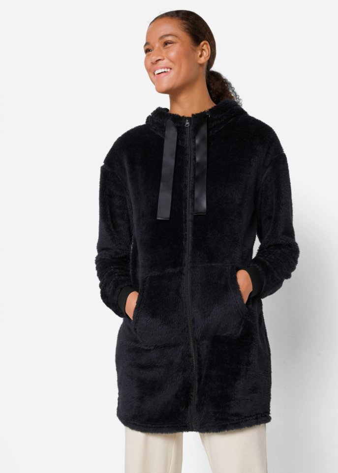 Kuschel-Long-Fleecejacke mit Kapuze