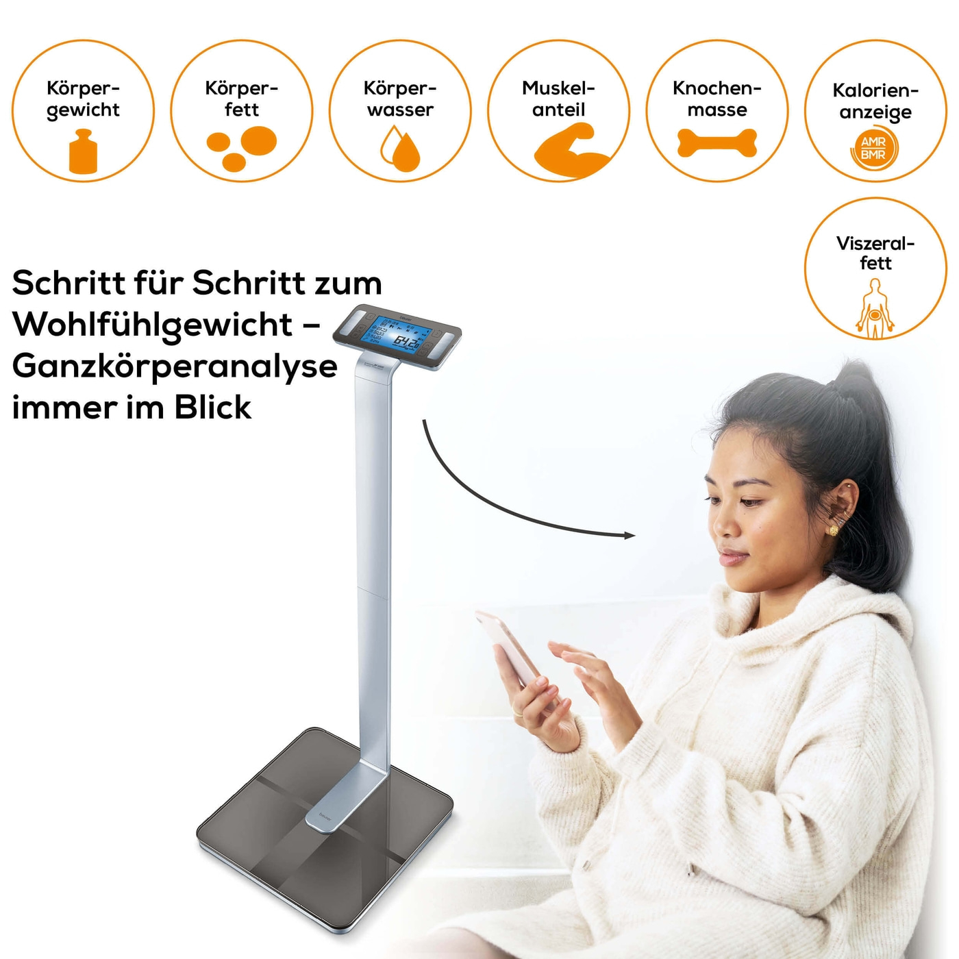 Beurer Diagnosewaage BF 1000 Super Precision-Säulenwaage mit Körperanalyse, Überkreuzmessung & App-Anbindung - bis 200 kg