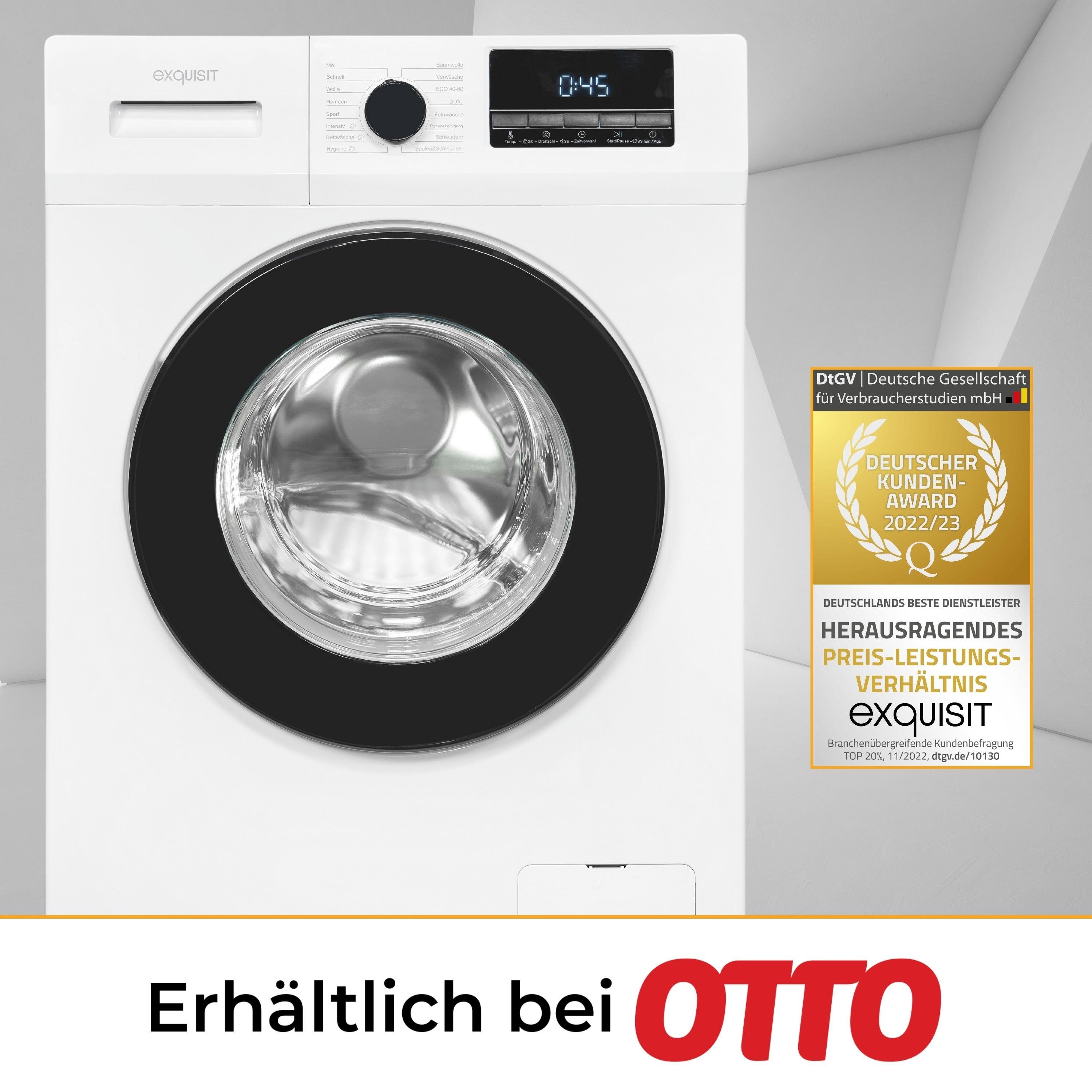 exquisit Waschmaschine WA58014-340A, 8 kg, 1400 U/min, Trommelreinigung, Kindersicherung, Aquastop