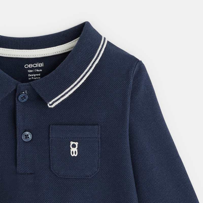 Polo piqué uni manches longues bleu bébé garçon
