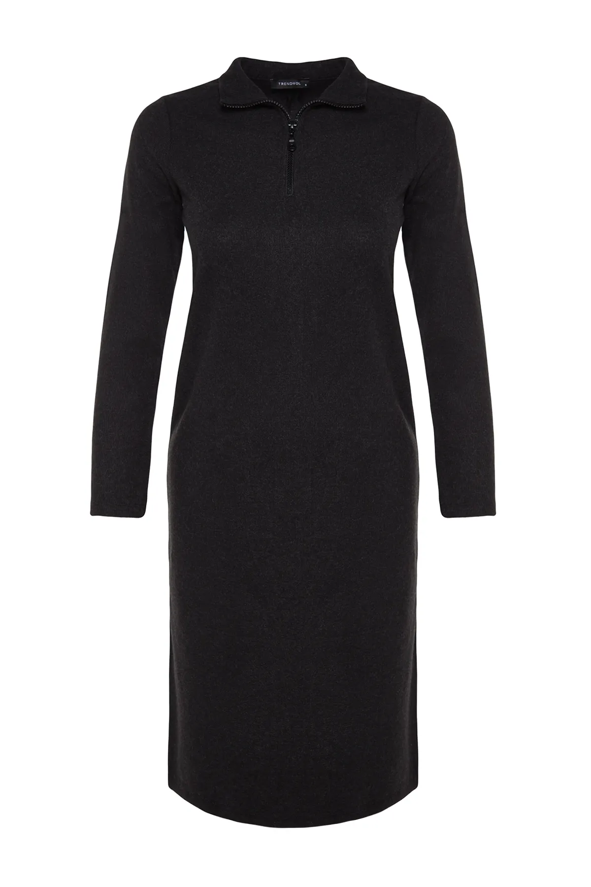 Trendyol Collection  Anthrazitfarbenes Midi-Strickkleid im Thessaloniki-/Strickwaren-Look mit hohem Kragen und Schlitz und Reißverschluss TWOAW24EL00597