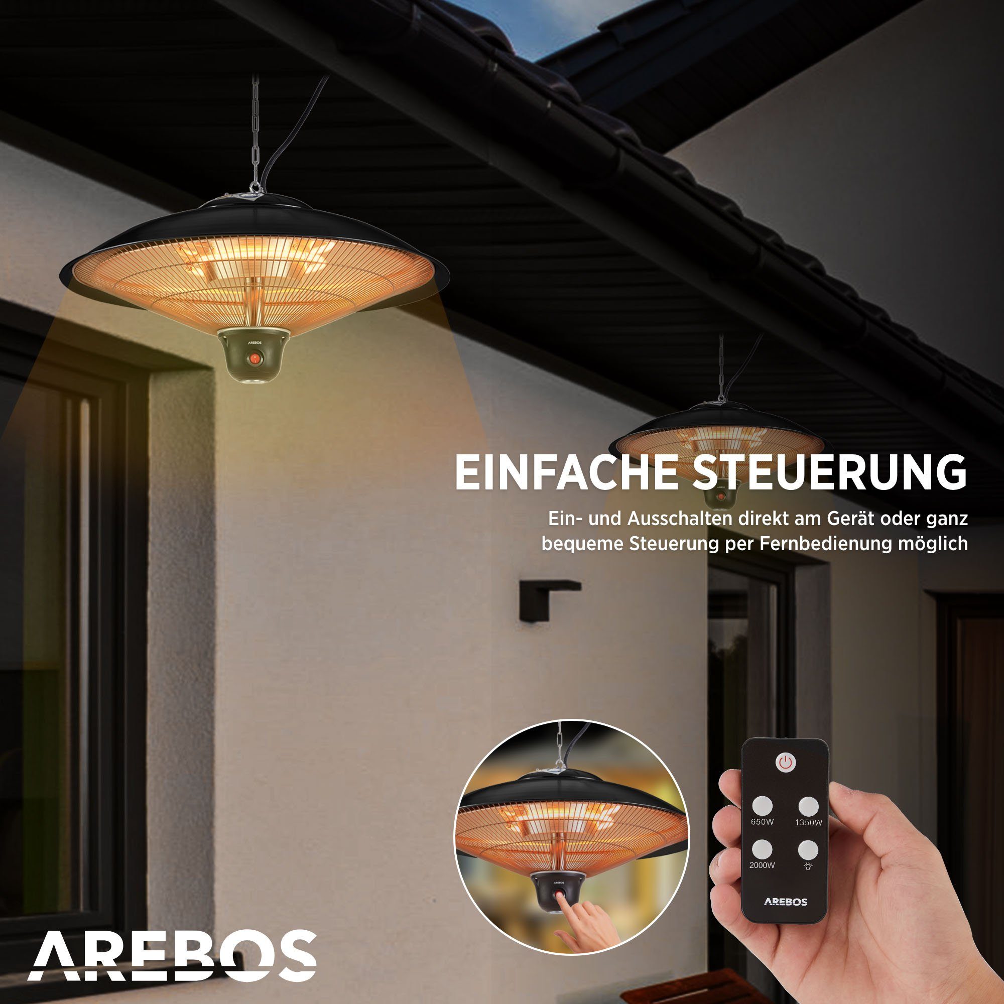 Arebos Infrarotstrahler Deckenheizstrahler, 2.000 W, inkl. LED-Lampe + Fernbedienung