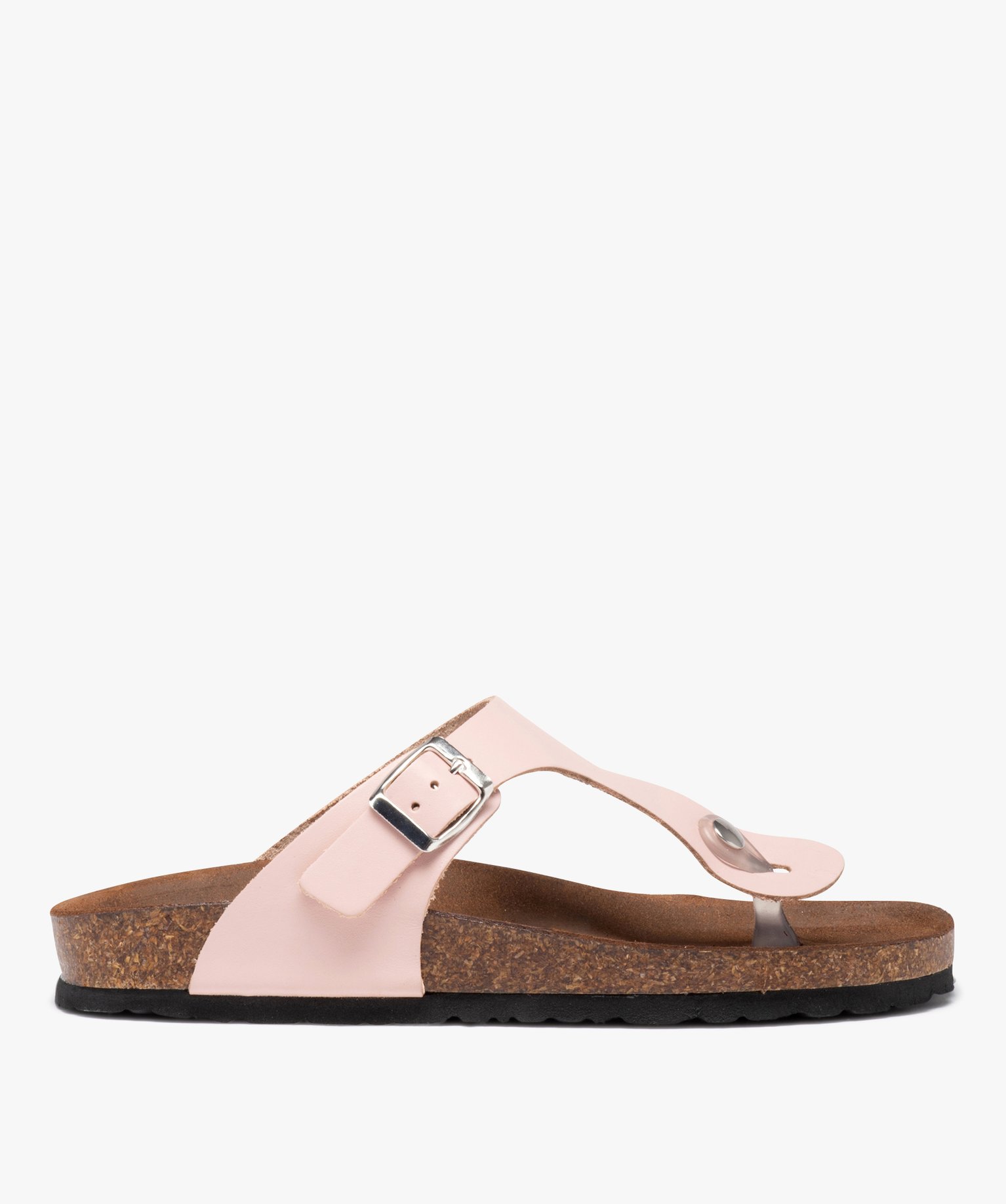 Mules femme à talon plat et bride entre-doigts en cuir rose | GEMO