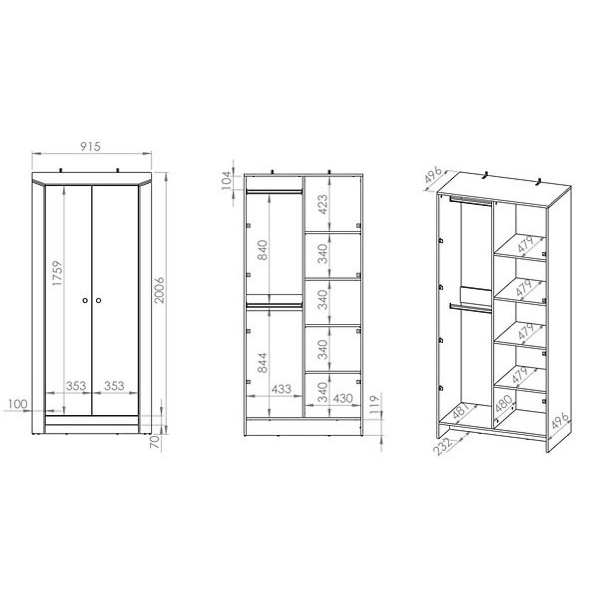 Jugendzimmer-Set Terni 5-teilig mit  Kleiderschrank, Bett, Nachtkonsole, Wandboard und Schreibtisch