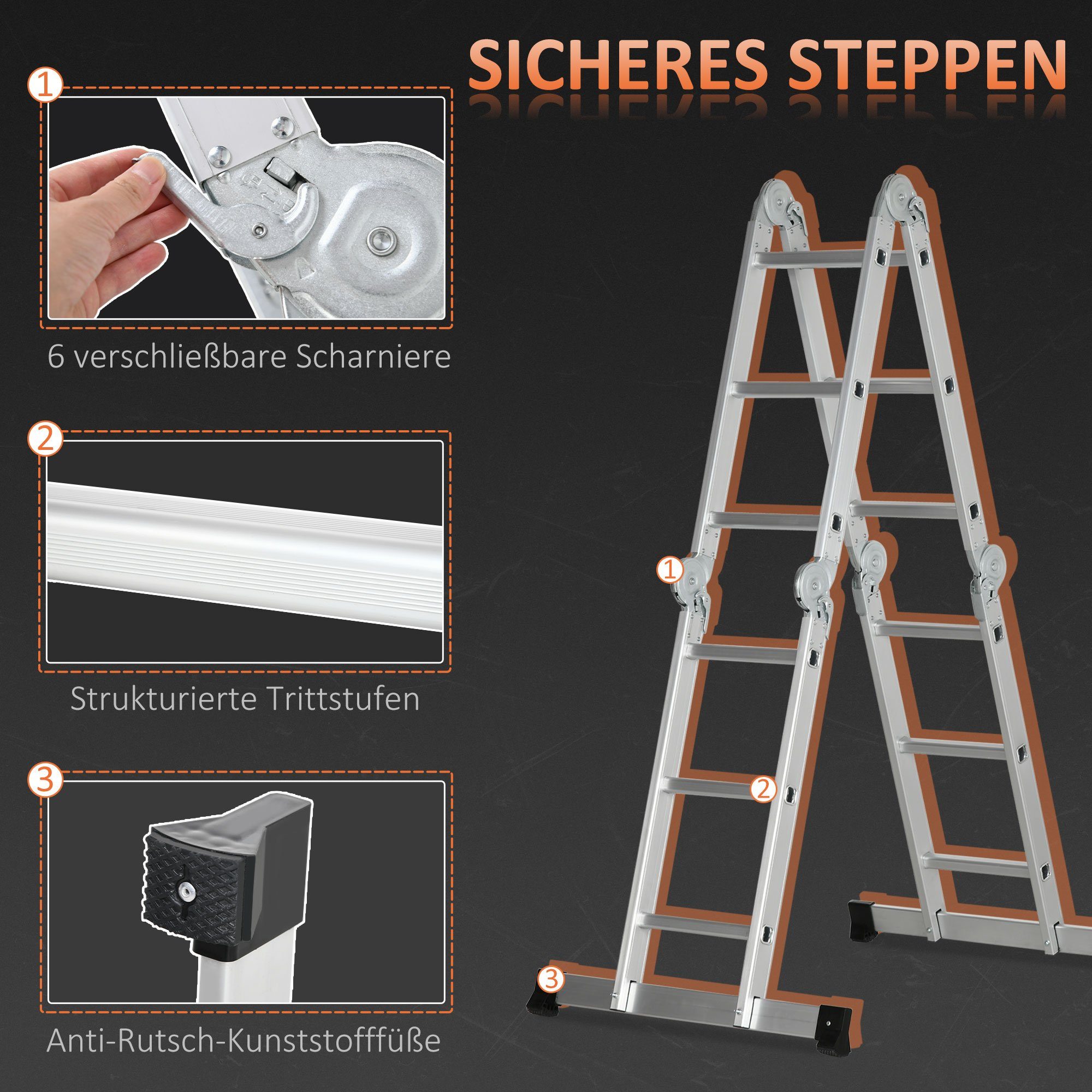Durhand Teleskopleiter Mehrzweckleiter Arbeitsleiter 5-fach klappbar rutschfest 339x76x10cm