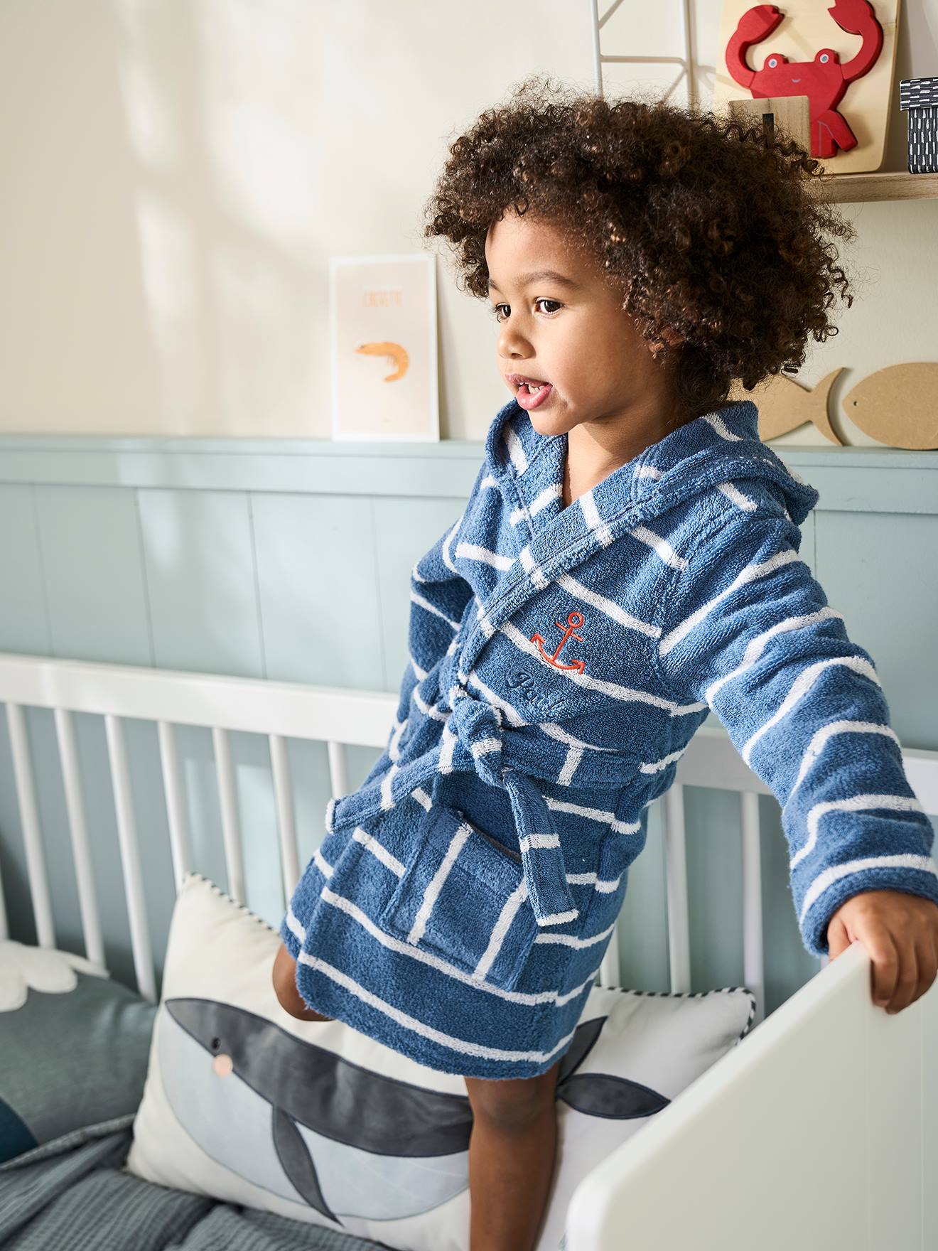 Vertbaudet Kinder Bademantel Oeko Tex, personalisierbar - blau/weiß gestreift