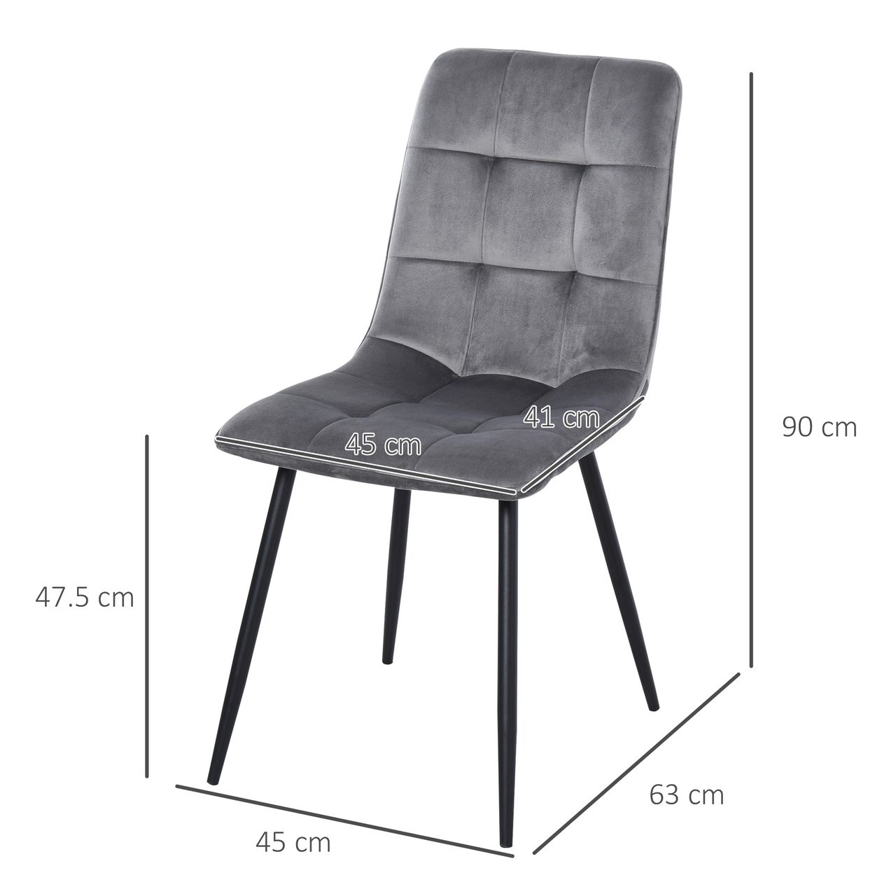HOMCOM 2er-Set Esszimmerstuhl Küchenstuhl Esstisch Schaumstoff Metall Grau Schwarz 45 x 63 x 90 cm