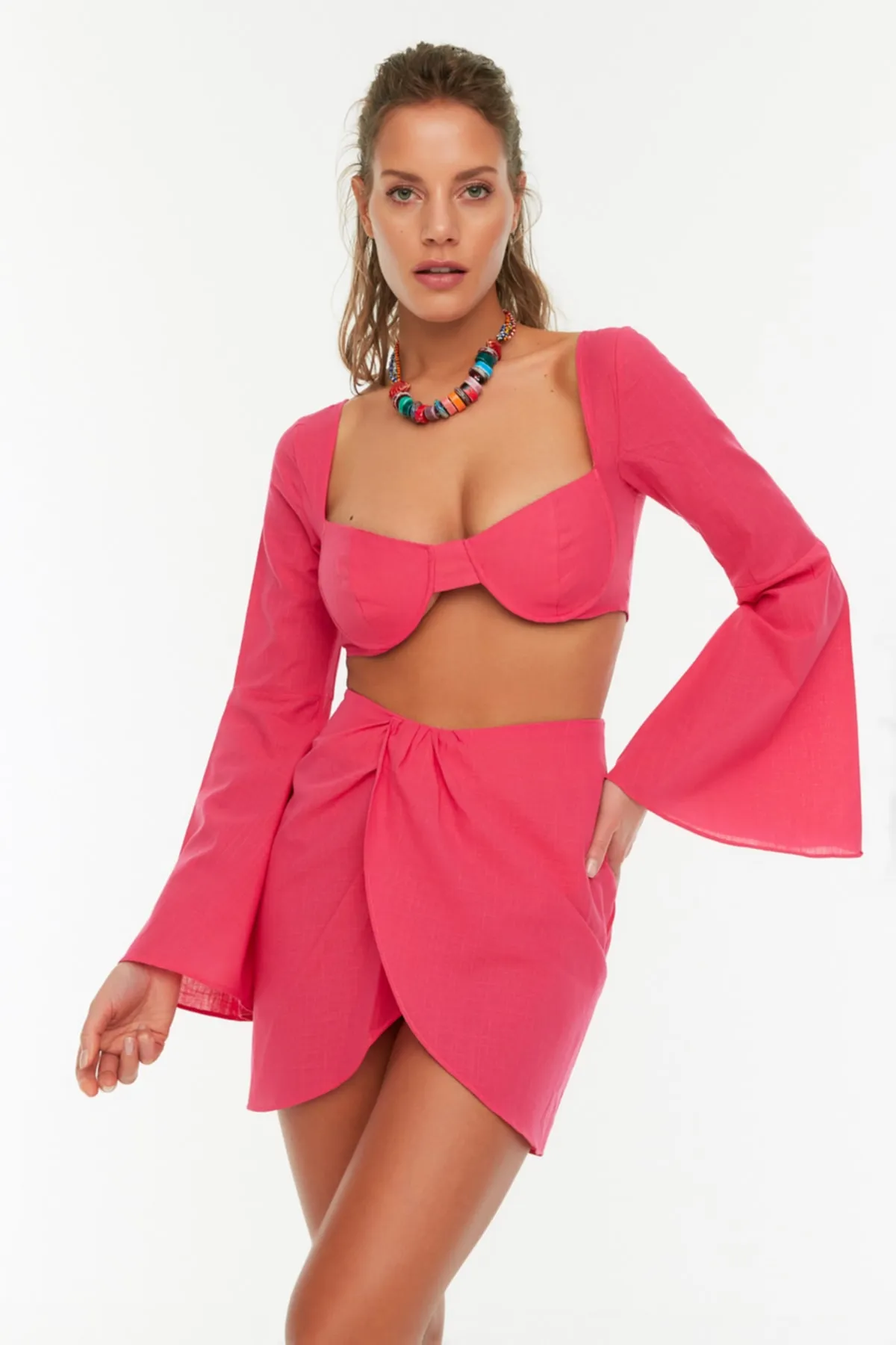 Trendyol Collection  Fuchsia Langärmlige Strandbluse - Strandrock-Set TBESS22AU0047