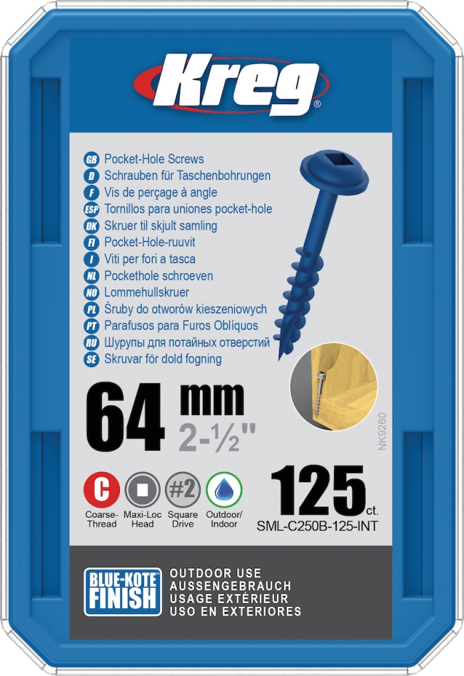 Skrutky Kreg SML-C250B-125-INT do vreckových otvorov 64 mm Blue-Kote Maxi-Loc hrubý závit 125 kusov