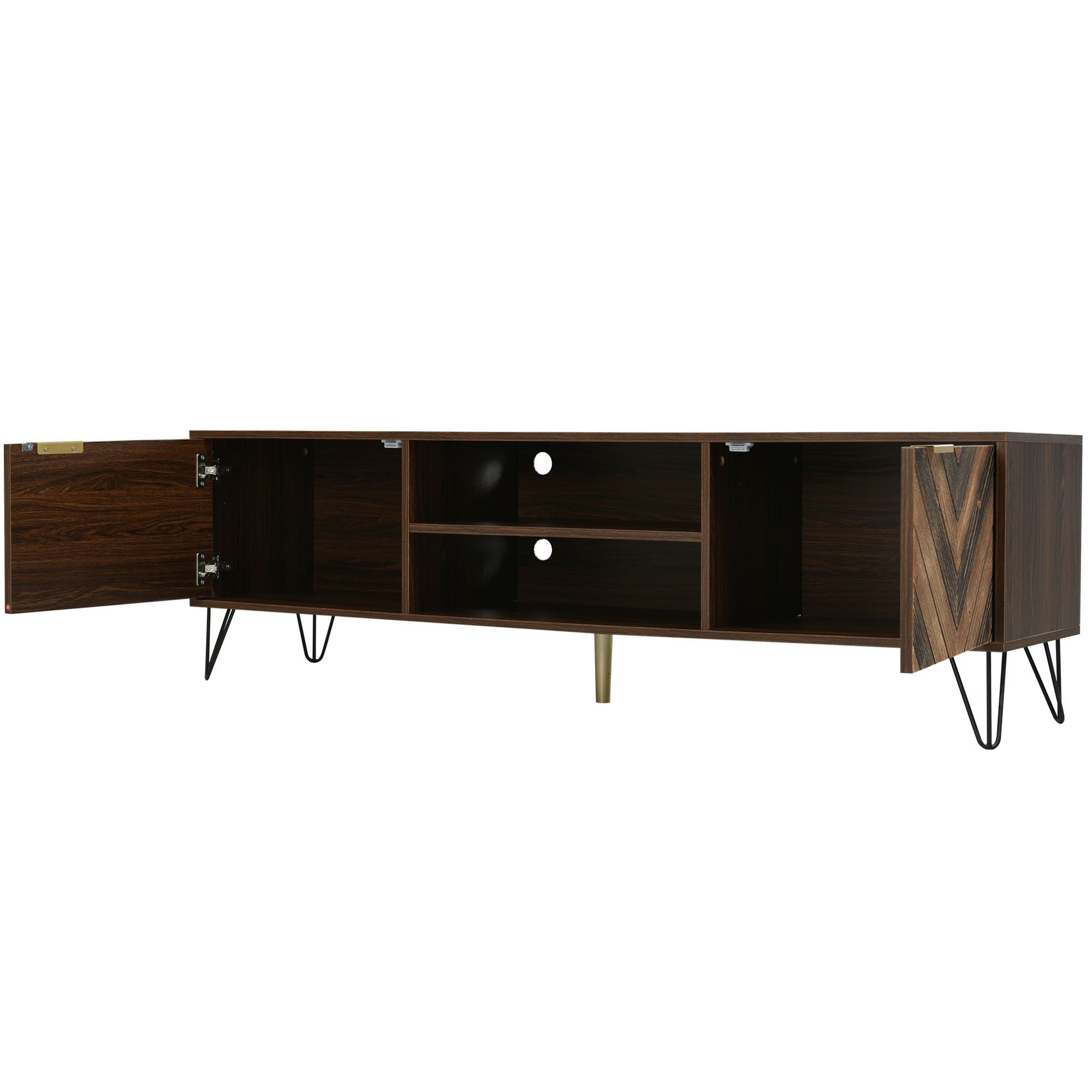 Merax Lowboard mit Fischgrätenmuster Dekor und Eisenfüße, TV-Schrank mit magnetischen Türen, Fernsehtisch, B/H/T: 160/48/38cm