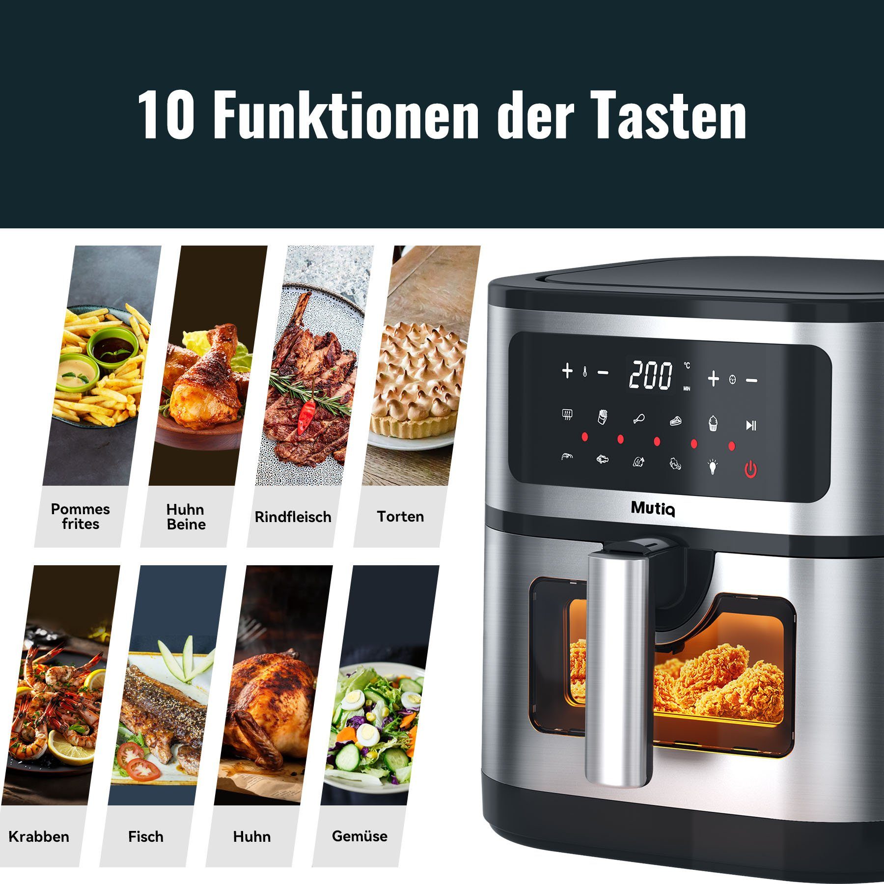 Senmudi Heißluftfritteuse Air fryer 7.5L XXL,Fritteuse ohne Öl,LED-Touchscreen,10 Programme, 1800W,Gesunde Heißluftfritteuse,Küchengerät für fettarmes Frittieren
