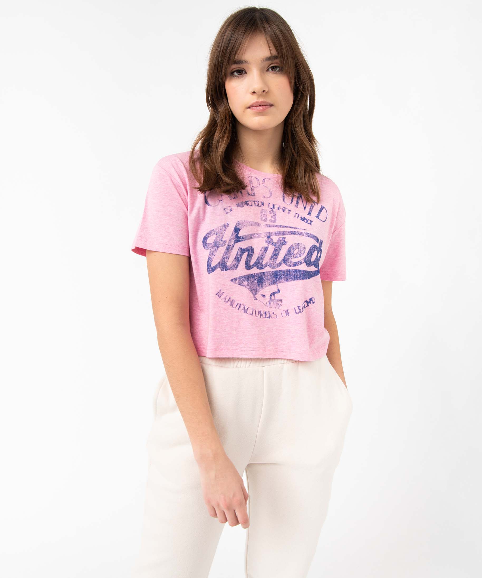 Tee-shirt femme à manches courtes inscription XXL - Camps U... rose | GEMO
