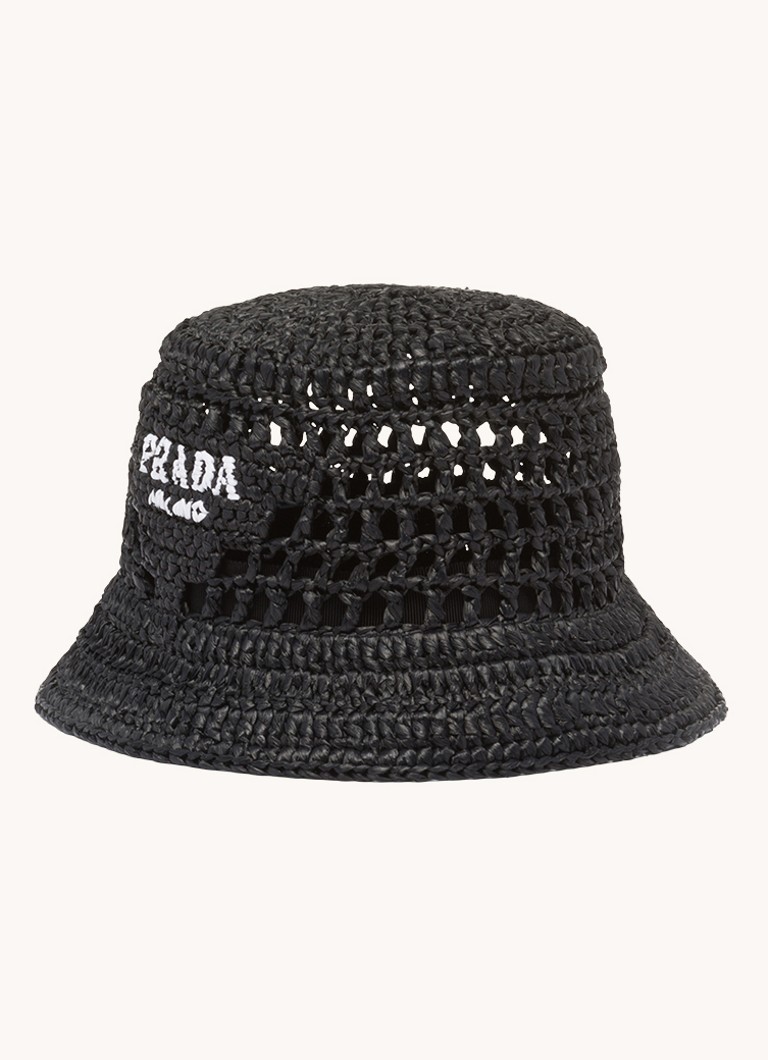 Cappello a secchiello Prada in rafia con logo ricamato