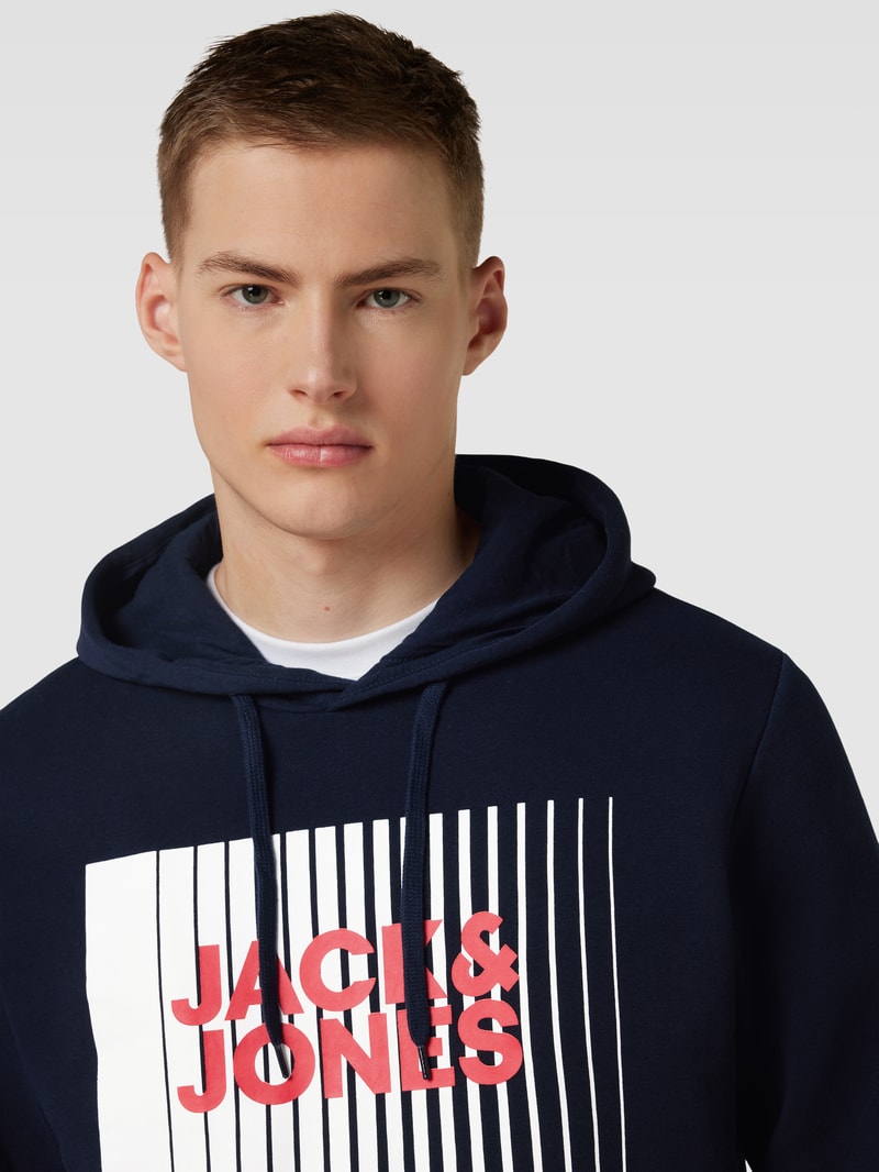 Hoodie mit Label-Print Modell 'ECORP' in dunkelblau