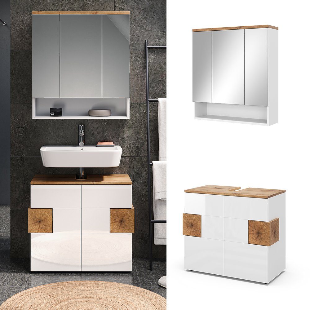Vicco Badmöbel-Set Badezimmermöbelset EDEN Weiß Hochglanz/Artisan 2-er Set, (2-St., 2-er Set)