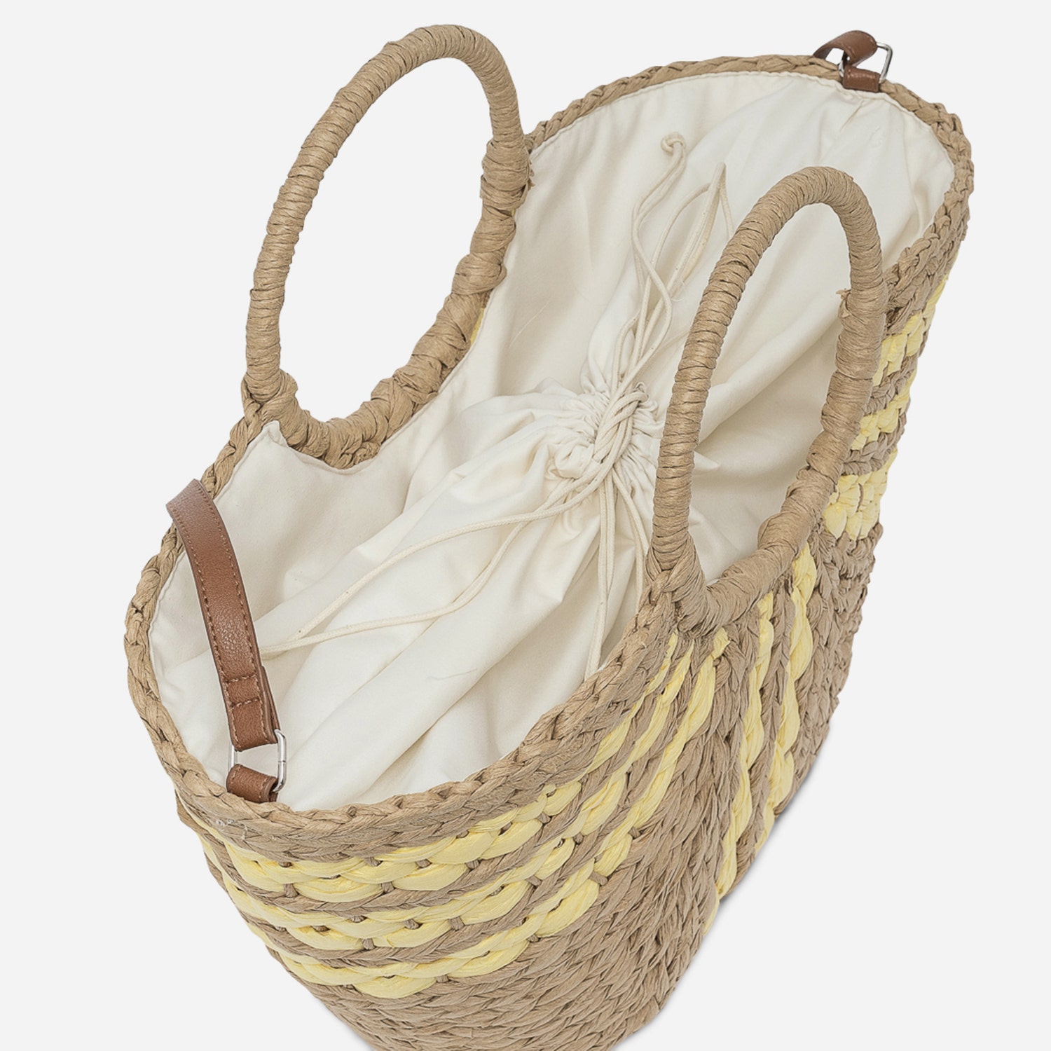 Panier beige foncé et jaune en papier tressé avec bandoulière