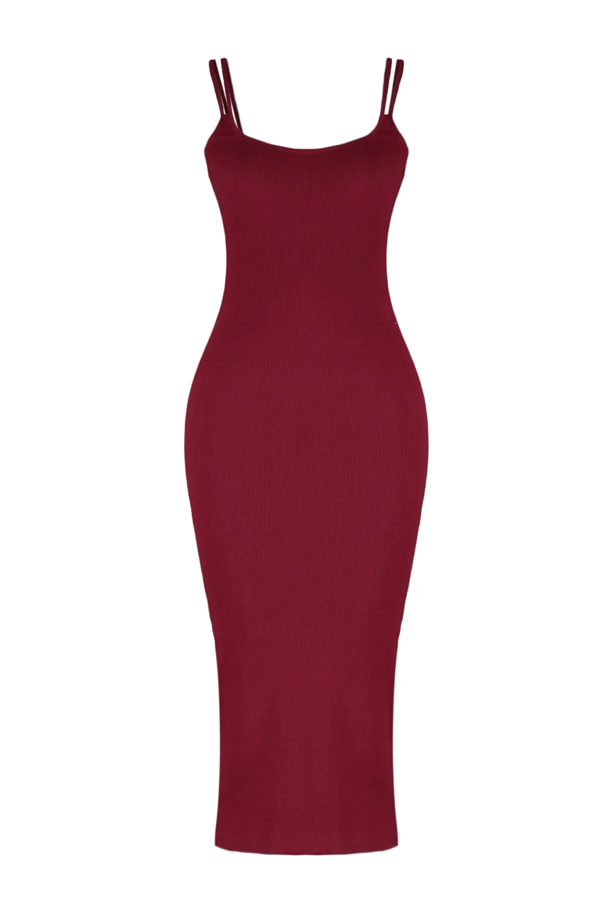 Trendyol Collection  Burgunderrotes, geripptes, flexibles Midi-Strickkleid mit doppelten Trägern und Trägern TWOSS22EL2452