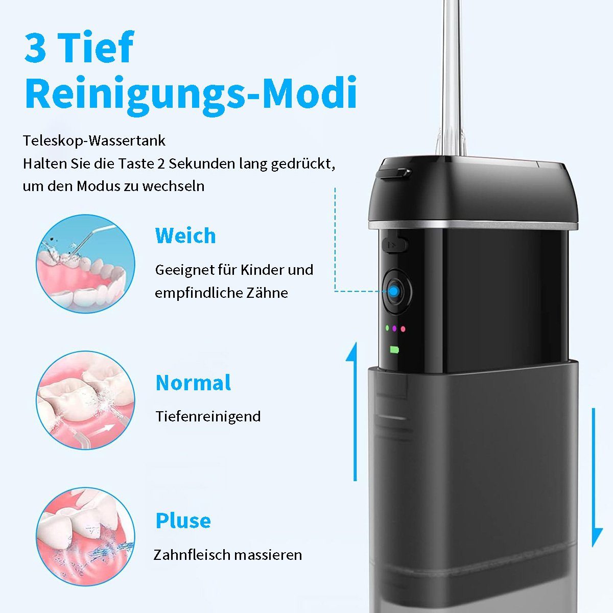 flowgoer Reise-Munddusche Kabelloser Reise-Flosser, 3 Modi, IPX8-zertifiziert,schnelle Reinigung, Inklusive 4 Düsen, effektive Plaque-Entfernung, tragbar