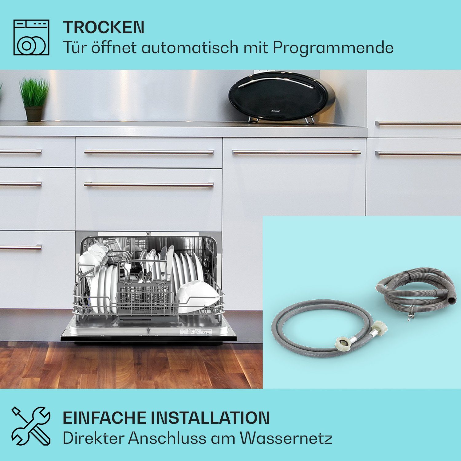 Klarstein Standgeschirrspüler Havasia UV 8 Geschirrspüler UV-Licht freistehend / Einbau 1620W, 10041829, 8 l, Spühlmaschine 55 cm freistehend oder einbaufähig schwarz