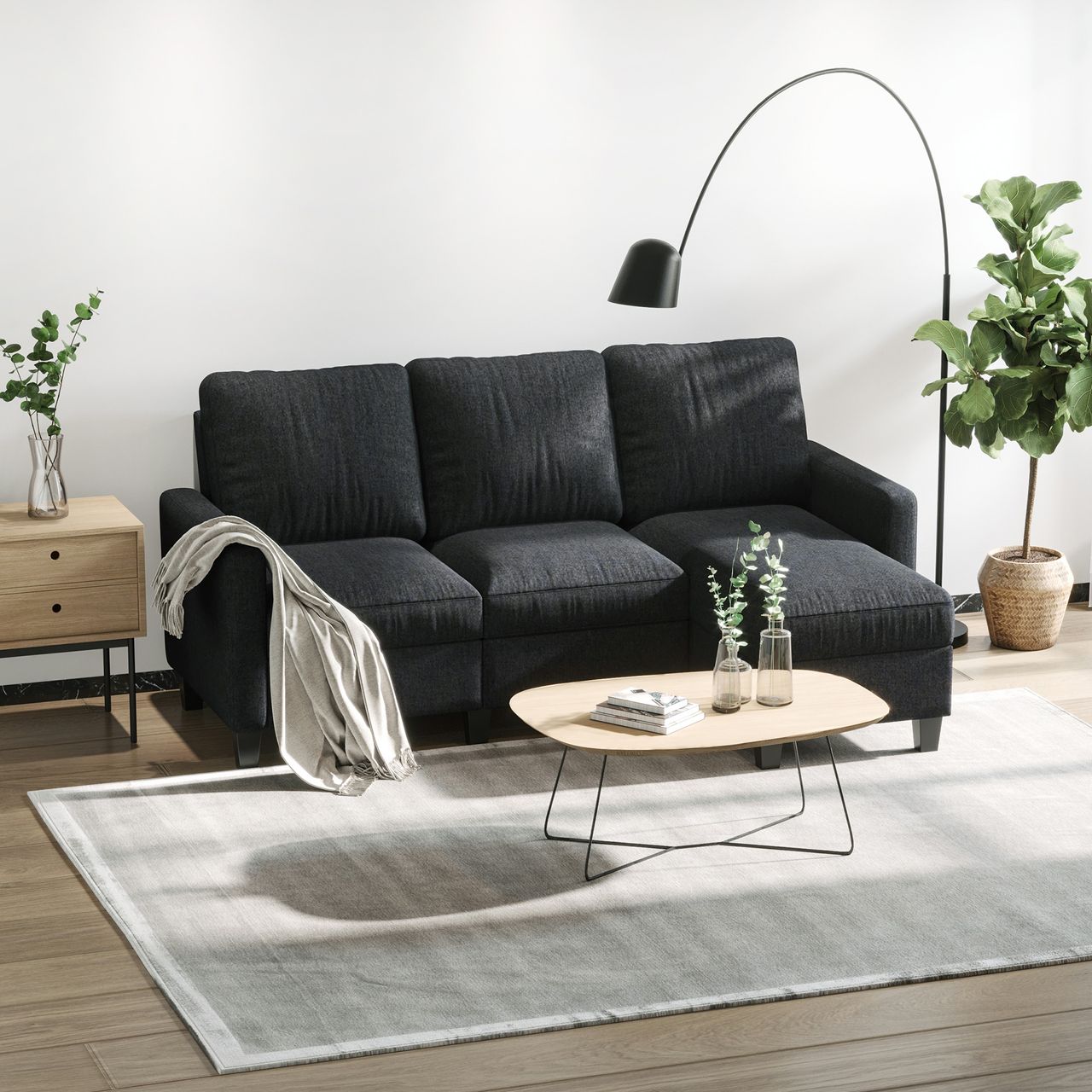 HOMCOM Ecksofa Stoffsofa Eckcouch Couchgarnitur mit wendbarer Chaiselongue L-Form Leinen Dunkelgrau 197 x 139 x 91 cm