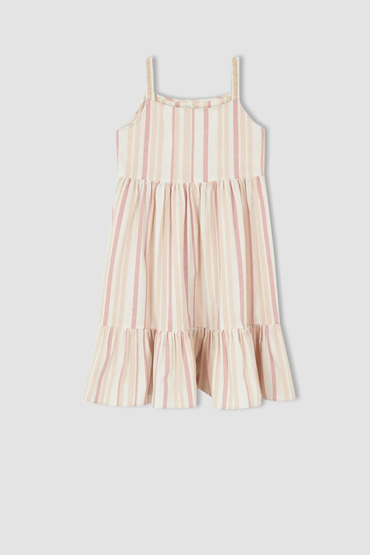 DeFacto  Mädchen-Sommerkleid in normaler Passform mit gestreiften Volantträgern und Leinenoptik