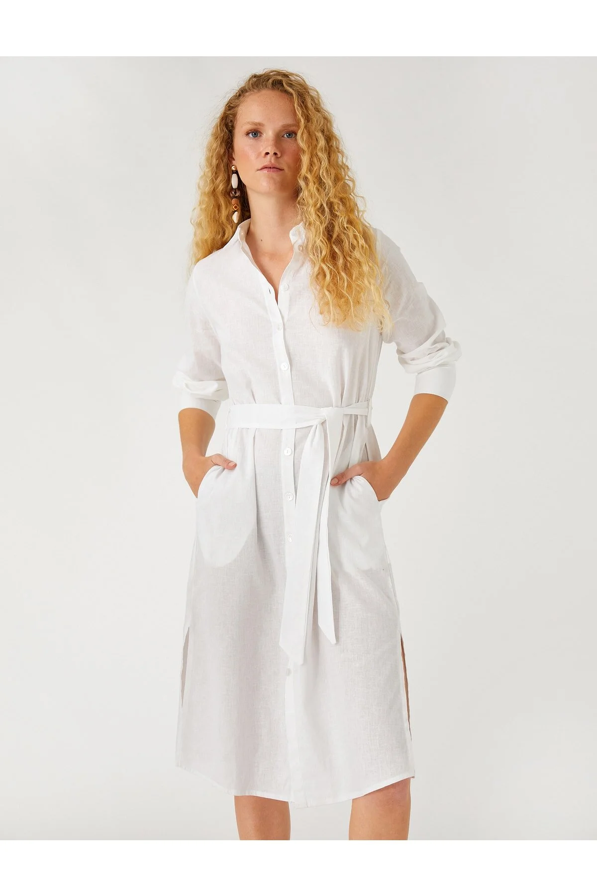 Koton  Midi-Hemdkleid aus Leinenmischung