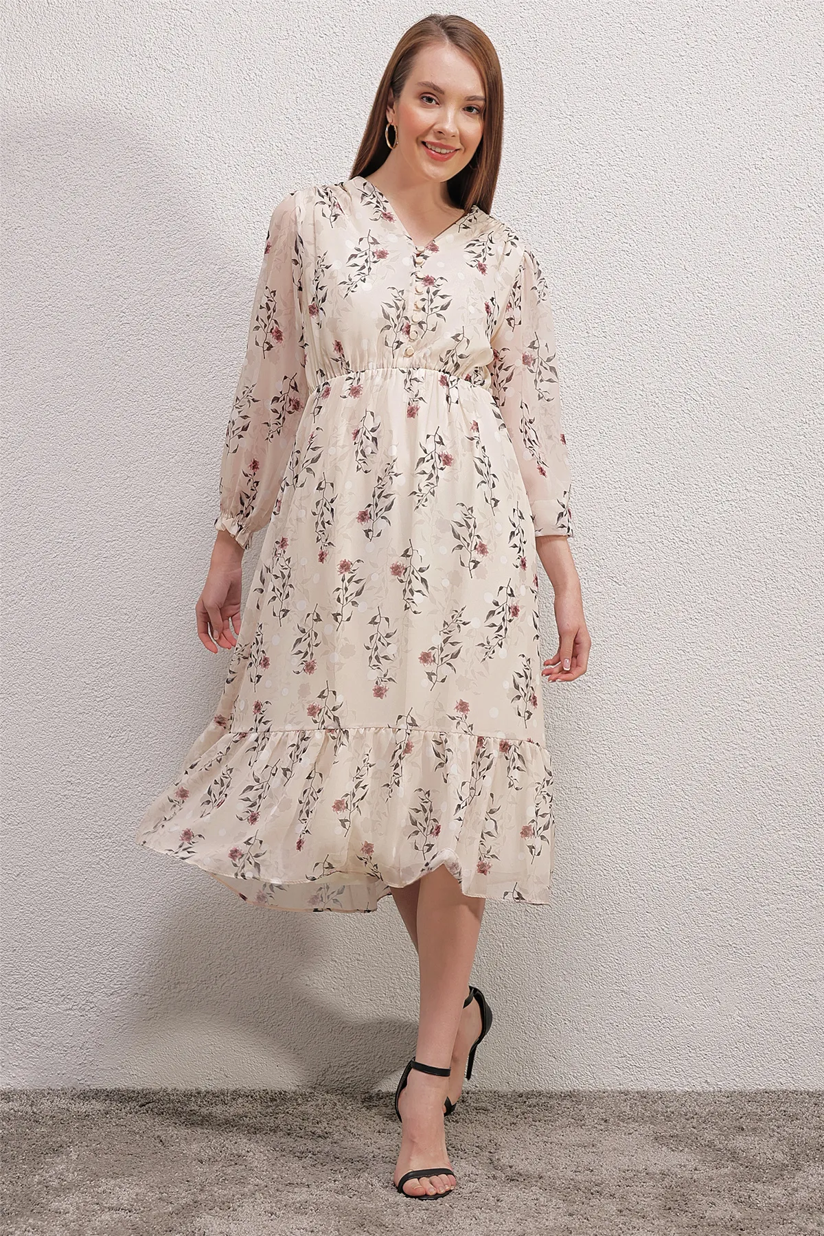 Bigdart  2137 Gemustertes Chiffonkleid – Creme