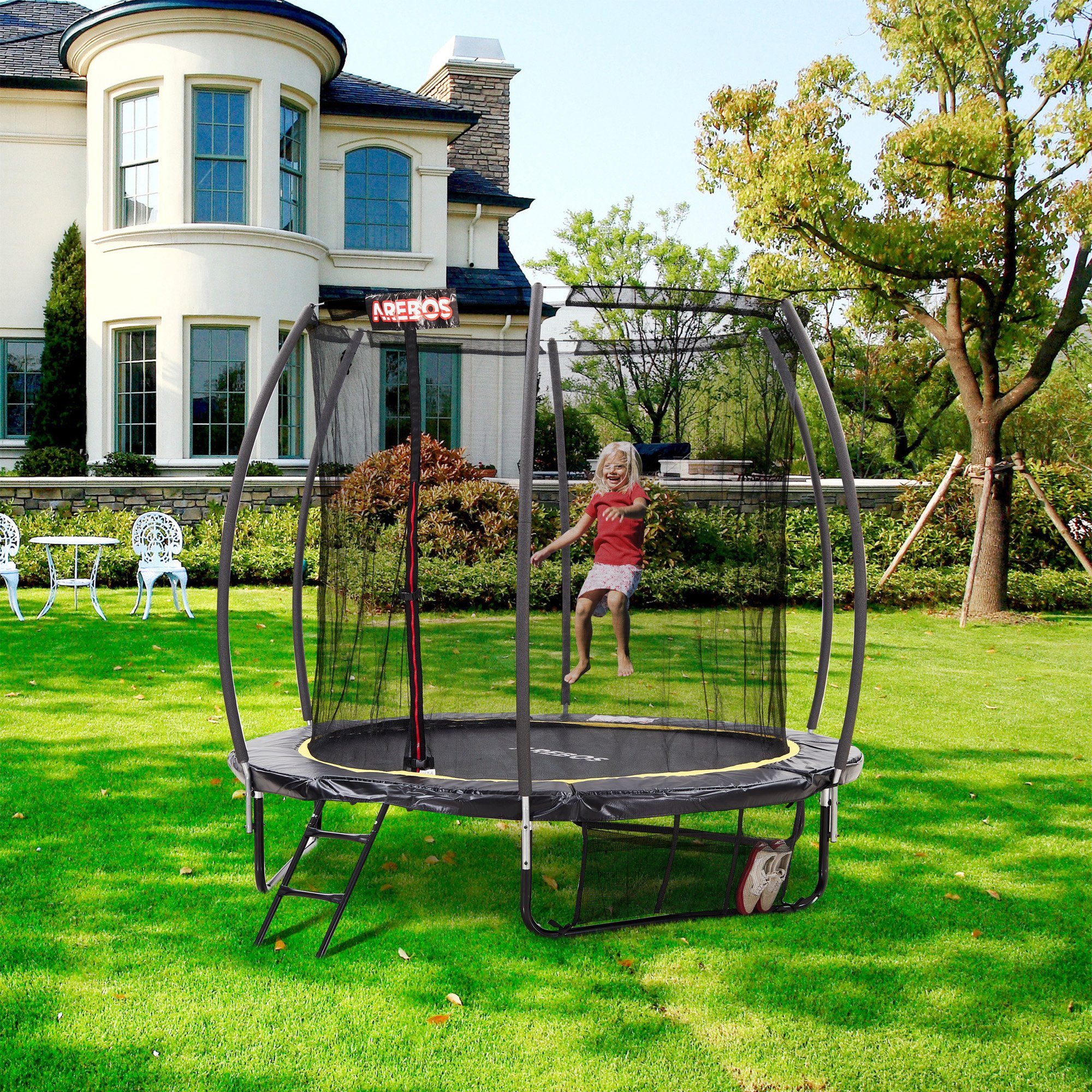 Arebos Gartentrampolin Outdoor Trampolin für Kinder und Erwachsene, Ø 244 cm, (1x Sicherheitsnetz 1x Randabdeckung 1x Leiter), Reißverschluss, Polypropylen (UV-beständig)