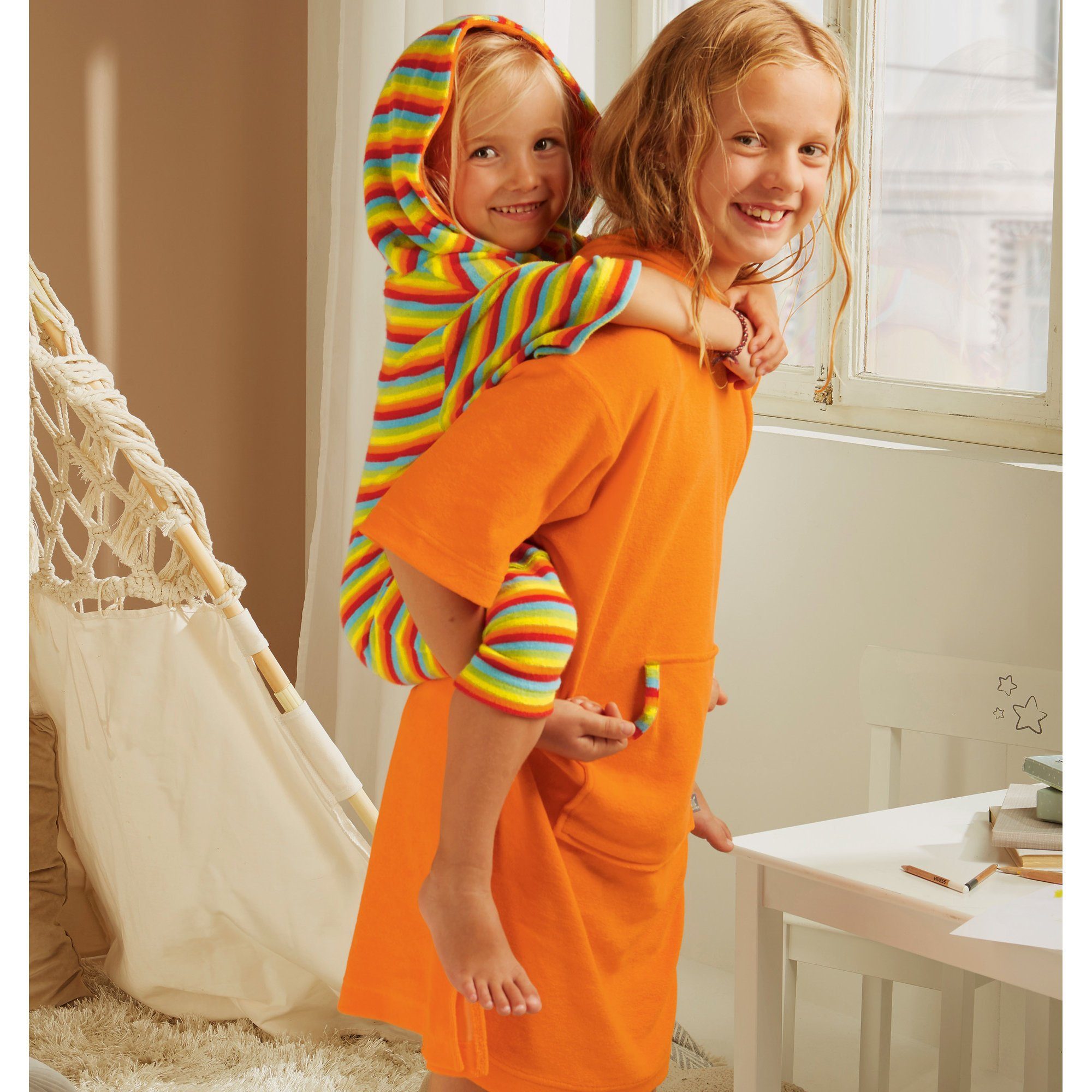 Erwin Müller Kinderbademantel Kinder-Poncho Streifen, Rückenlänge: 63 cm, Frottier, mit Kapuze, default, Leichtfrottier Streifen