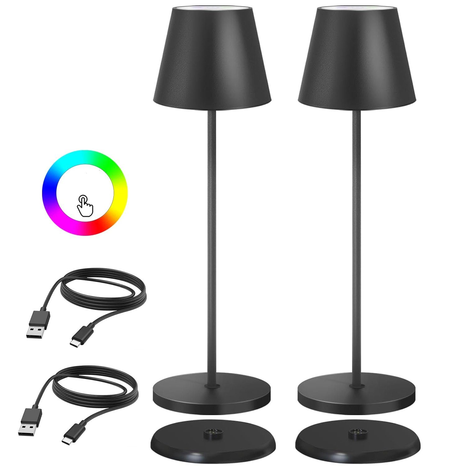 Bedee LED Tischleuchte Dimmbare LED Akku Tischleuchte Indoor & Outdoor Wiederaufladbar, 2 Stück, Akku Tischlampe, LED fest integriert, RGB Farben IP54 Dimmbare LED Akku Tischleuchte mit USB Ladestation, Für drinnen und draußen Designer Tischleuchte m