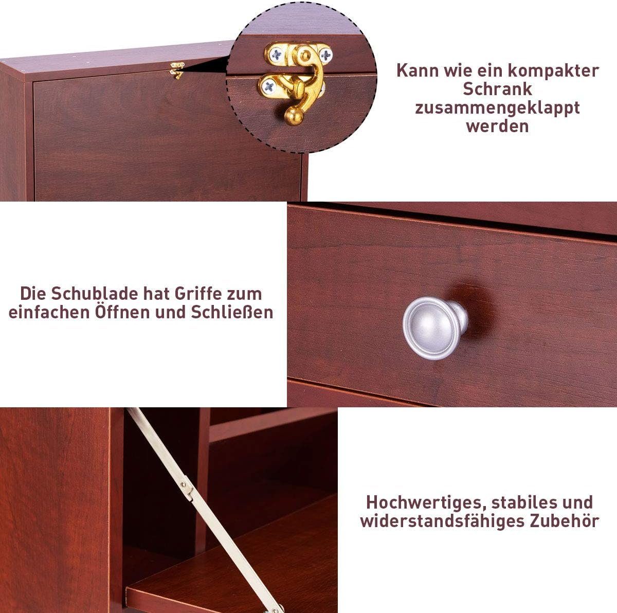 KOMFOTTEU Klapptisch Wandklapptisch, Arbeitstisch für PC Computer, aus Holz, mit Ablagefach und Schublade
