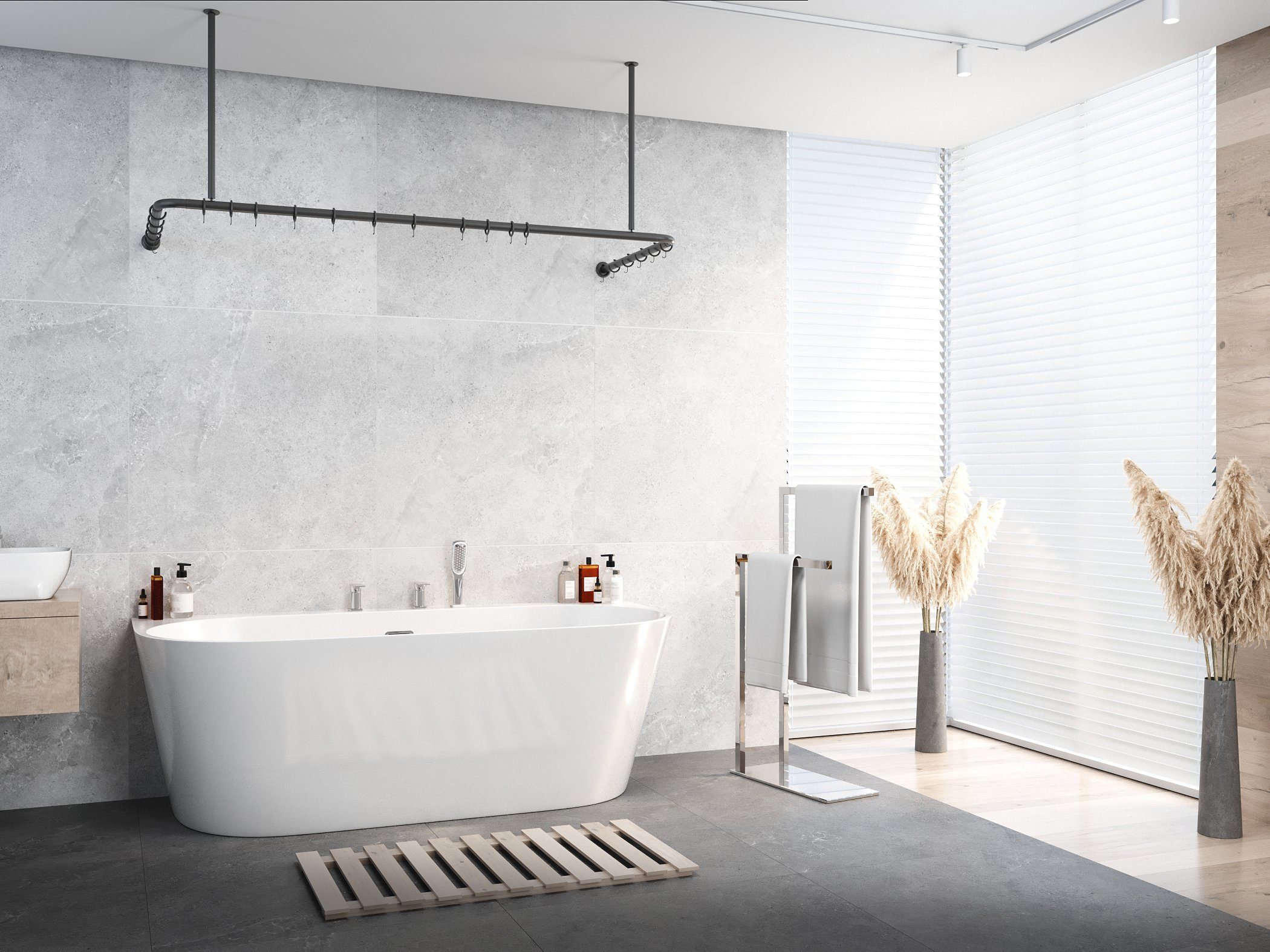 Duschvorhangstange Alu Schwarz 70x165x70 cm barrierefrei inkl. Deckenhalterung, KS Handel 24